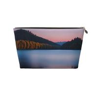 Beauty case da viaggio in pelle dorata, riutilizzabile, con stampa di lago sotto il tramonto, astuccio organizer per cosmetici e trucchi, borsa portatile morbida, Oro, taglia unica
