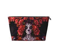 Beauty case da viaggio in pelle dorata, riutilizzabile, con stampa di rose e teschio, kit da toeletta per uso quotidiano, vacanze, Argento, taglia unica