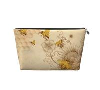 Beauty case da viaggio in pelle stampata con api e fiori selvatici rurali con cerniera dorata per donne in movimento, Argento, One Size, Beauty case