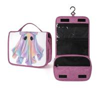 Beauty case da viaggio in tessuto arcobaleno con fantasmi in stile cartone animato, da donna, organizer da appendere con gancio per shampoo