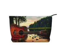 Beauty case da viaggio in velluto a coste stampato con vantaggio del cervello sinistro e destro, borsa per cosmetici, organizer per donne, mamme e ragazze, Riflessione della chitarra del lago, Taglia