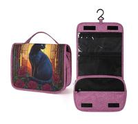 Beauty case da viaggio in vetro colorato con gatto nero con rose rosse, da donna, organizer da appendere con gancio per shampoo