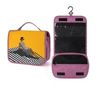 Beauty case da viaggio minimalista da donna con asciugamano a righe che prende il sole su asciugamano a righe, organizer da appendere con gancio per shampoo