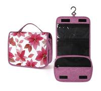 Beauty case da viaggio per donne, con stelle di Natale rosse e rosa acquerello, organizer da appendere con gancio per shampoo