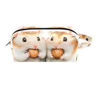 Beauty case da viaggio per donne, in pelle e microfibra, pratico astuccio organizer con cerniera, criceti mangiano noci e bacche, Multi, 8.2x3.1x3.5 in/21x8x9 cm, Beauty case