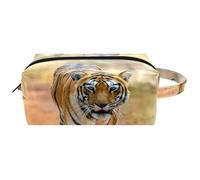 Beauty case da viaggio per donne, in pelle e microfibra, pratico astuccio organizer con cerniera, Tiger Prowl on The Road, Multi, 8.2x3.1x3.5 in/21x8x9 cm, Beauty case