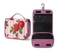 Beauty case da viaggio retrò da donna, con rose rosse su strisce rosa, organizer da appendere con gancio per shampoo