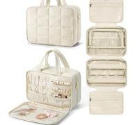 Beauty case da viaggio trapuntato, organizer da appendere per trucchi con portagioie, 28 x 12 x 20 cm/31 x 12 x 23 cm, Beige, 28*12*20cm, Da viaggio