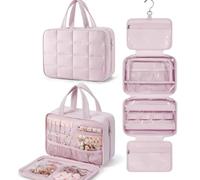 Beauty case da viaggio trapuntato, organizer da appendere per trucchi con portagioie, 28 x 12 x 20 cm/31 x 12 x 23 cm, rosa, 28*12*20cm, Da viaggio