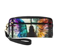 Beauty case da viaggio versatile con le ali colorate dell'angelo davanti alla finestra, stampa su entrambi i lati, ultra morbida, organizer per cosmetici in pelle PU per donne, regali per la festa