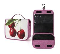 Beauty case da viaggio vintage con tre ciliegie rosse, da donna, organizer da appendere con gancio per shampoo