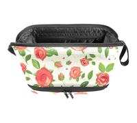 Beauty case di grandi dimensioni con cerniera, elegante organizer per donne e ragazze, ideale per i viaggi, motivo con rose verdi e foglie, Multi, 27x15x14 cm/10.6x5.9x5.5 in, Astuccio per trucchi