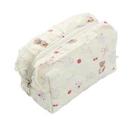 Beauty Case Donna 1 borsa for il trucco ottagonale trapuntata con fiocco a forma di orso, borsa da toilette da viaggio con design a balze, borsa for il trucco portatile alla moda(Ivory)