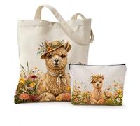 Beauty case e sacchetto in tessuto con stampa alpaca, set di borse in tela | Borsa per lo shopping con stampa su entrambi i lati, borsa per il trucco con cerniera, regalo per gli amanti delle alpaca