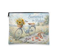 Beauty case estivo a Parigi, astuccio da viaggio vintage floreale da donna, organizer portatile in tela con cerniera per la cura della pelle e articoli da toeletta, Blu, 7x9 Inch, Estate