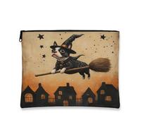 Beauty case fantasioso per Halloween, con cane nero che vola sulla scopa, astuccio per cosmetici da donna, organizer portatile in tela con cerniera, borsa da toilette per festival autunnali, 17,8 x