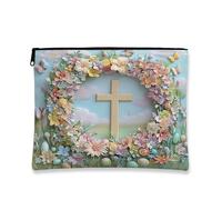Beauty case floreale con croce, borsa da viaggio vintage primaverile per donne, organizer portatile in tela con cerniera, borsa da toilette pasquale per la cura della pelle 17,8 x 22,9 cm