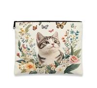 Beauty case floreale con gatto, borsa da viaggio vintage botanica per donne, organizer portatile in tela con cerniera, borsa da toilette primaverile per la cura della pelle, 17,8 x 22,9 cm