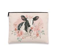 Beauty case floreale con mucca, borsa da viaggio vintage botanica da donna, organizer portatile in tela con cerniera, borsa da toilette per la cura della pelle, accessori essenziali per festival di