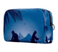 Beauty case giapponese con silhouette di Kendo blu notte lago per donne, beauty case da viaggio grande borsa organizer con cerniera, Multi, 18.5x7.5x13cm/7.3x3x5.1in, Beauty case