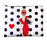 Beauty case Granada Fenicottero "Manuela Rosso" - Design a doppio lato - Fondo bianco a pois neri - 22 x 17 cm - Impermeabile - Borsa da toilette donna o da viaggio