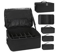 Beauty case grande, organizer professionale per cosmetici, con 3 sacchetti trasparenti e piatto per rossetti, con tracolla e divisori regolabili, Nero , Un set
