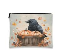 Beauty case in legno di uccello con corvi autunnali, zucche autunnali, borsa da viaggio per donne e ragazze, piccola borsa portatile con cerniera in tela con foglia d'acero, 17,8 x 22,9 cm