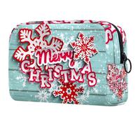 Beauty case in legno rustico con scritta "Merry Christmas and Snowfakes on blu", da donna, per articoli da toeletta da viaggio, grande, pratica borsa organizer con cerniera, Multi,