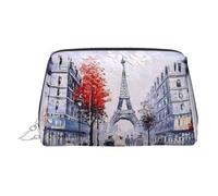 Beauty case in pelle con stampa artistica con albero della città di Parigi, Torre Eiffel, borsa per trucchi in pelle con chiusura superiore con cerniera, elegante borsa da toilette, Argento, taglia