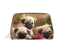 Beauty case in pelle dorata - Borsa per cosmetici da viaggio con stampa di cuccioli di carlino, piccola organizer con manico, astuccio con cerniera, Argento, Taglia unica