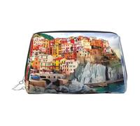 Beauty case in pelle dorata - Cinque Terre Scenery Print Travel Cosmetic Bags Portable Toiletry Organizer, Zipper Pouch per uso quotidiano, Argento, Taglia unica