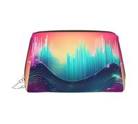 Beauty case in pelle dorata, con stampa a onde sonore, organizer da viaggio con manico e cerniera, perfetta per l'uso quotidiano, Argento, Taglia unica