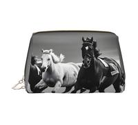 Beauty case in pelle dorata, con stampa di cavalli bianchi e neri, da viaggio, con cerniera, ideale come regalo per i viaggiatori, Oro, Taglia unica