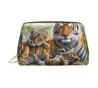 Beauty case in pelle dorata, con stampa di cuccioli di tigri della giungla, da donna, piccolo organizer con manico, astuccio con cerniera, Oro, Taglia unica