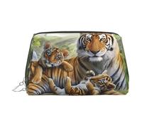 Beauty case in pelle dorata, con stampa di cuccioli di tigri della giungla, da donna, piccolo organizer con manico, astuccio con cerniera, Argento, Taglia unica