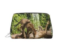 Beauty case in pelle dorata, con stampa di pantera sul tronco d'albero, con stampa a cascata, borsa per cosmetici da viaggio, organizer portatile per articoli da toeletta, astuccio con cerniera per