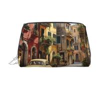 Beauty case in pelle dorata, con stampa italiana, organizer per cosmetici da viaggio, con manico e cerniera, perfetta per l'uso quotidiano, Argento, Taglia unica