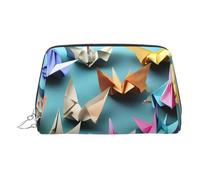 Beauty case in pelle dorata - Origami Paper Crane Print Travel Cosmetic Organizer con manico e cerniera - perfetta per l'uso quotidiano, Argento, Taglia unica