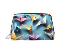 Beauty case in pelle dorata - Origami Paper Cranes Print Travel Cosmetic Bags Organizer con manico, articoli da toeletta personali portatili, Oro, Taglia unica