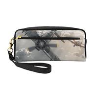 Beauty case in pelle nera con stampa a righe bianche e nere, borsa da viaggio per articoli da toeletta in pelle PU per oggetti essenziali da viaggio, bagno, cosmetici, Aereo aereo della seconda guerra