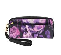 Beauty case in pelle stampata con teschio rosa viola con cinturino da polso portatile da viaggio borsa organizer per cosmetici per donne