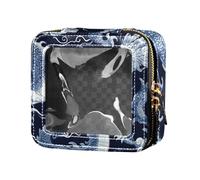 Beauty case in pelle trasparente con drago blu e bianco, organizer da viaggio