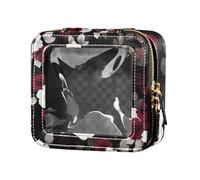 Beauty case in pelle trasparente con quadrati di fiori rossi e blu, borsa da toeletta per smalto per unghie, borsa organizer da viaggio