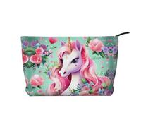 Beauty case in velluto a coste alla moda con unicorno rosa, chiusura a cerniera, adatta per viaggi, campeggio e uso quotidiano