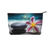 Beauty case in velluto a coste con fiore tropicale e pietra zen, borsa organizer da viaggio, borsa per cosmetici, grande tasca aperta, Nero , Taglia unica