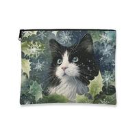 Beauty case invernale a forma di gatto, artistico con fiocco di neve, borsa per cosmetici da donna, organizer portatile in tela con cerniera, borsa da toilette per le vacanze, Nero, 7x9 Inch, Gatto