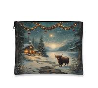 Beauty case invernale con mucca delle Highlands, borsa da viaggio rustica vintage per donne, organizer portatile in tela con cerniera, borsa da toilette per le vacanze, 17,8 x 22,9 cm