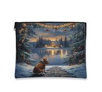 Beauty case invernale con paesaggio, accogliente borsa da viaggio con scena di cane, borsa da viaggio per donne, organizer portatile in tela con cerniera, borsa da toilette natalizia 17,8 x 22,9 cm