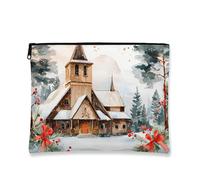Beauty case invernale da chiesa, borsa da viaggio per cosmetici in stile rustico acquerello, per donne, organizer portatile in tela con cerniera, borsa da toilette per le vacanze, bianco, 7x9 Inch