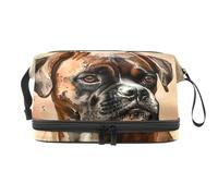 Beauty case marrone a doppio strato con cane boxer, per donne e ragazze, trousse da viaggio per trucchi, pratica borsa organizer con scomparto per pennelli, Multi, 27x15x14 cm/10.6x5.9x5.5 in, Beauty